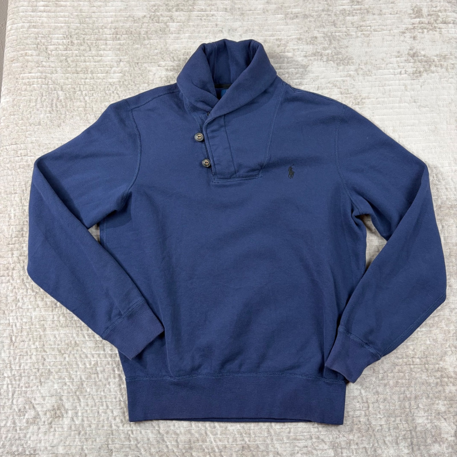 Polo Ralph Lauren Navy Blue Shawl Collar Button Zip Fleece Sweatshirt Size M